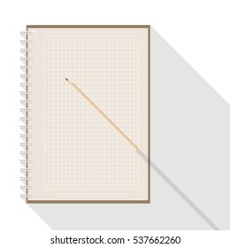 top view of flat vector design pencil on blank checkered kraft paper notebook on white background with long shadow effect