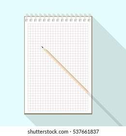 top view of flat vector pencil on notebook with blank white checkered sheet on background with long shadow effect