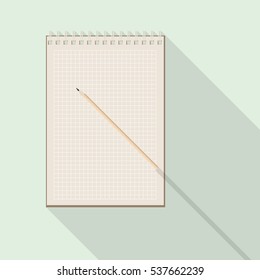 top view of flat vector pencil on blank kraft checkered paper notebook on background with long shadow effect
