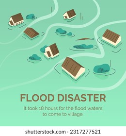 Top view of the flooded settlement. Flat vector illustration.