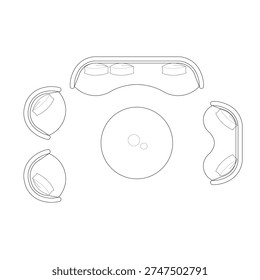 Top view floor plan of modern curved sofa set with round coffee table line art. 3