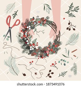 Vista superior de las manos floristas haciendo corona navideña con ramas de abetos y ramas decorativas florales y bayas. Ilustración vectorial.