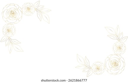 Top view of flowers and leaves in line art line, Golden luxury floral lines. Vector illustration of hand drawn botanical decorative element.