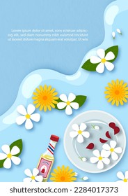 Top view of flowers and silver bowl on water and blue background. Poster of Songkran water festival in vector design. 