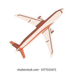 Top view of flying airplane. Aircraft flight. Plane with tail, wings and engine. Passenger air jet. Colored flat vector illustration of aerial transport isolated on white background