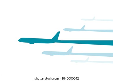 Top view of flying blue silhouettes big white passenger airplanes flat vector illustration