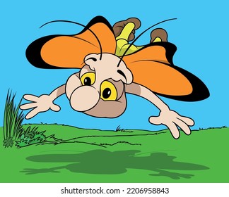 Top View Flying Butterfly and Orange Wings   Big Eyes    Colored Cartoon Illustration and Background  Vector