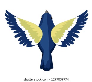 Top View Of Flying Titmouse Bird. Flat Cartoon Character Design. Colorful Bird Icon. Cute Titmouse Template. Vector Illustration Isolated On White Background.