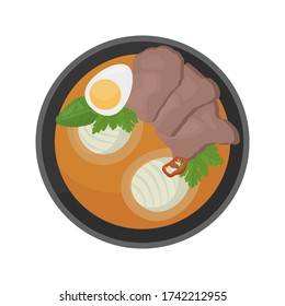 Top view of fo-bo soup with meat and noodles. Illustration of asian soup. Vector.