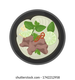 Top view of fo-bo soup with meat and noodles. Illustration of asian soup. Vector.