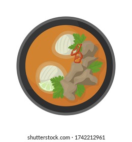 Top view of fo-bo soup with meat and noodles. Illustration of asian soup. Vector.