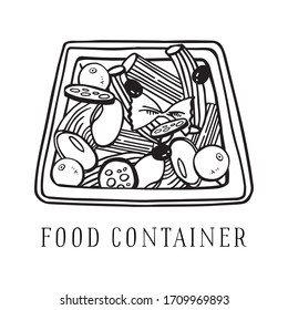 Top view of food container with pasta. Hand drawn outline vector sketch illustration