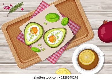 Top View Food Creamy Avocado Egg Bake With Placemat On Wood Plate On Wood Background Illustration