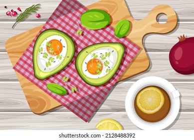 Top View Food Creamy Avocado Egg Bake With Placemat On Wood Plate On Wood Table Illustration