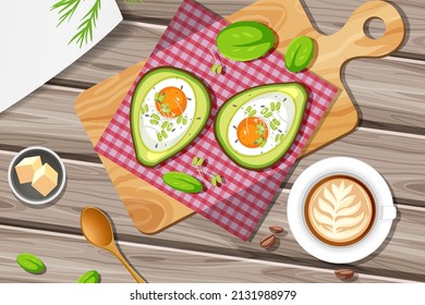 Top View Food Creamy Avocado Egg Bake With Placemat On Wood Plate On Wood Background Illustration