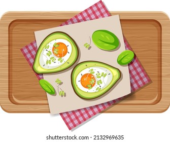 Top View Food Creamy Avocado Egg Bake With Placemat On Wood Plate On White Background Illustration