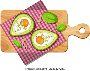 Top View Food Creamy Avocado Egg Bake With Placemat On Wood Plate On White Background Illustration