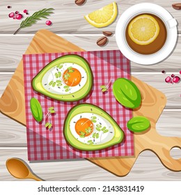 Top View Food Creamy Avocado Egg Bake With Placemat On Wood Plate On Wood Background Illustration