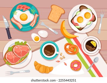 Top view food dish table meal dinner lunch breakfast menu eat ingredients concept. Vector cartoon graphic design element illustration
