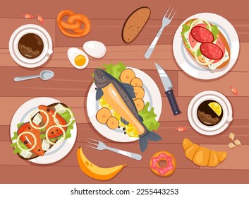 Menú de almuerzo de almuerzo de almuerzo de menú de platos de comida a la vista de arriba para el almuerzo y el desayuno para el concepto de ingredientes. Ilustración de elementos de diseño gráfico de dibujos animados
