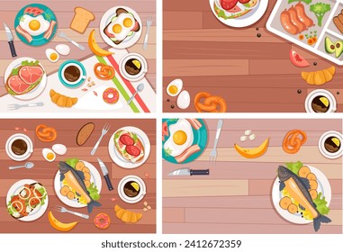 Top view food dish table meal dinner lunch breakfast menu eat ingredients set concept. Vector cartoon graphic design element illustration