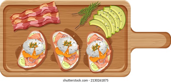 Top view food, egg benedict  on wood plate on white background illustration