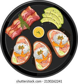 Top view food, egg benedict with black plate on white background illustration