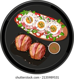 Top view food, fried egg on toast with black plate on white background illustration