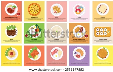 Top view food menu icon set, Bacon Egg Sunny- Side Up, Waffle, Sausages Sunny-Side Up, Sandwich, Nasi Campur, Croissant with Fruits, Donuts, Corn Soup, Beef Steak with Potato Wedges, Sushi with Wasabi