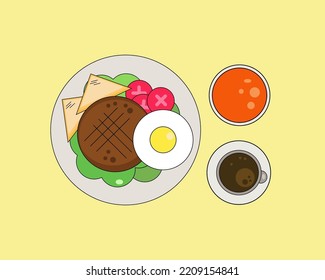 Top view of food on dish fried egg tomato beef steak with hot coffe and orange juice. Cartoon vector style for your design.