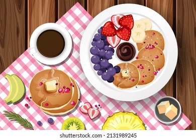 Top view food, pancake with coffee and placemat  on wood table illustration