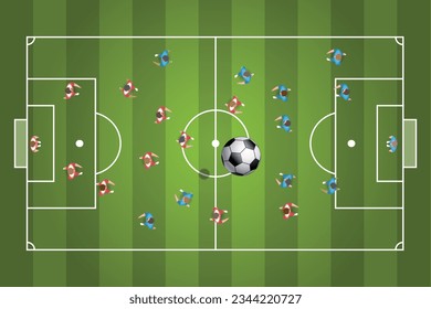 Top view of a football field with green grass, players in red and blue uniforms, black and white soccer ball,  white lines