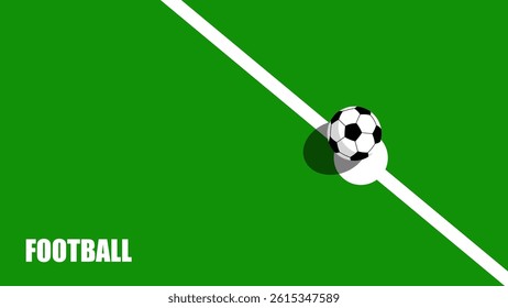 Top view of football and field lines. Soccer ball on green grass field. Minimalist football scene with ball and green fiield. Flat design vector background illustation