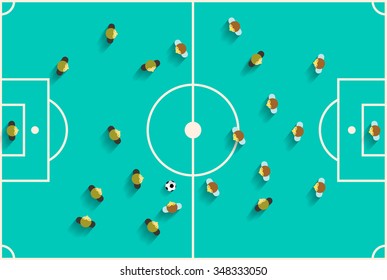 Top View Football Playground with Players Vector Retro Flat Design Illustration