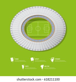 Top View Of Football Stadium Or Soccer Arena. Sport Venue In Flat Design. Infographic And Sport Icon Set. Vector Illustration.