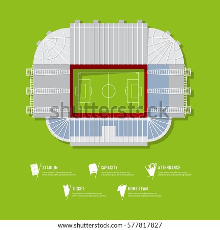 Top view of football stadium or soccer arena.  Sport venue in flat design. Infographic and sport icon set.  Vector Illustration.