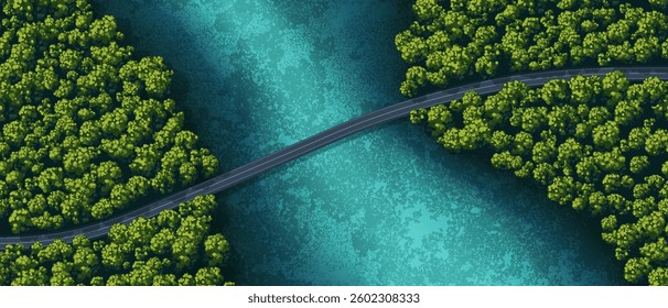 Top view of a forest. View from above. Green trees. Wild nature landscape. Winding road. Bridge over the river. Countryside highway. Vector illustration. Adventure banner.