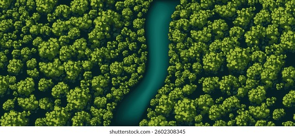 Top view of a forest. View from above. A huge number of green trees. Wild nature landscape. Winding river. Vector illustration. Adventure banner.