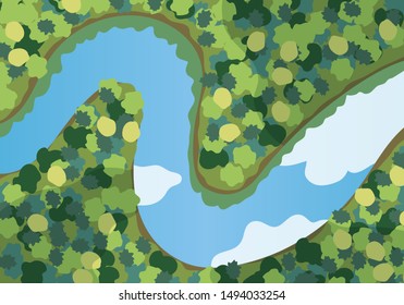Top view of a forest river. Bird view of river with reflection of clouds. Vector cartoon illustration.