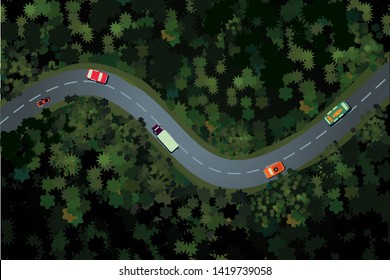 Top View Of A Forest Road With Car. Rural Highway, Beautiful Landscape. Holidays Travel Vector Cartoon Illustration.