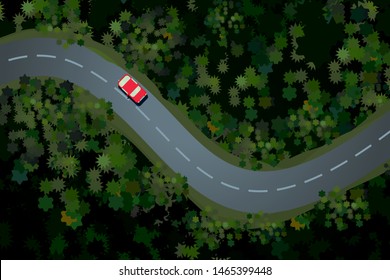 Top view of a forest road with car. Rural highway, beautiful landscape. Holidays travel vector cartoon illustration.