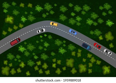 Top view of a forest road with car. Rural highway. Way with different vehicles. View from above on landscape with way and cars. Cars drive along a winding road in a wood. Stock vector illustration