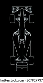 Top View of a Formula Race Car. Outline style. Engineering Background. Vector Illustration.