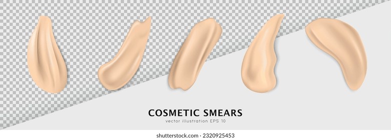 Top view of foundation, concealer, tone cream smears isolated on transparent background.  Collection of 5 realistic stroke samples of makeup product. Creamy texture, various beige cosmetic swatches