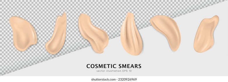 Vista superior de cimientos, encubridor, manchas de crema de tono aisladas en fondo transparente.  Colección de 6 muestras realistas de trazo de producto de maquillaje. Textura cremosa, varios pantanos cosméticos beige