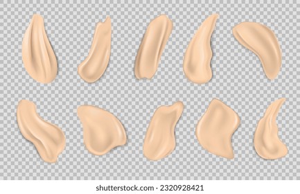 Top view of foundation, concealer, tone cream smears isolated on transparent background.  Collection of 10 realistic stroke samples of makeup product. Creamy texture, various beige cosmetic swatches