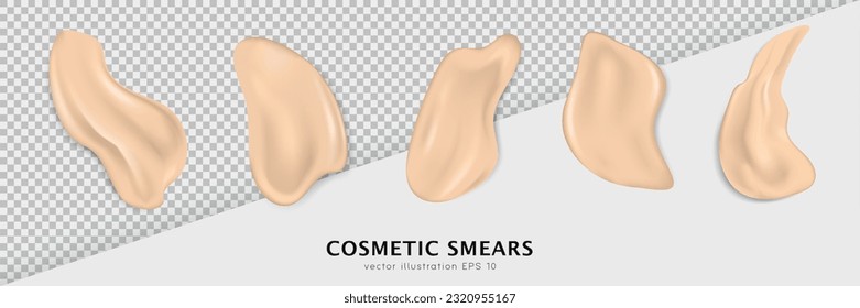 Top view of foundation, concealer, tone cream smears isolated on transparent background.  Collection of 5 realistic stroke samples of makeup product. Creamy texture, various beige cosmetic swatches