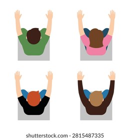 Top view of four diverse people sitting in chairs with arms raised high in celebration. Concept of teamwork, success, excitement, participation, and active audience.