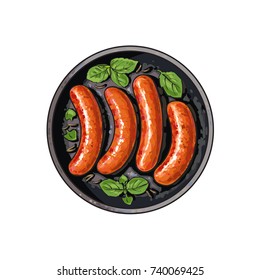 Top view of four freshly grilled, barbequed sausages on frying pan, sketch vector illustration on white background. Realistic hand drawing of German sausages grilled, fried on skillet, frying pan