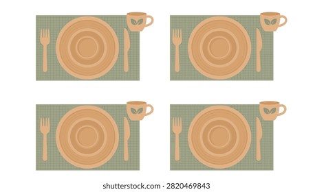 Top view of four restaurant dining table place settings featuring woven placemats and cups.